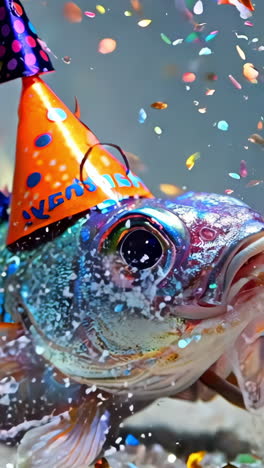 a fish wearing a party hat and a birthday cake on its head. the fish is in a tank with a lot of glitter and confetti