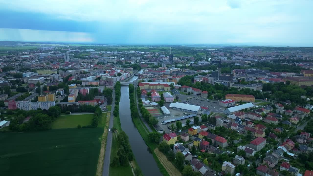 Panorama from an aerial perspective of the city of Olomouc during the blue hour. Mysterious city before the storm