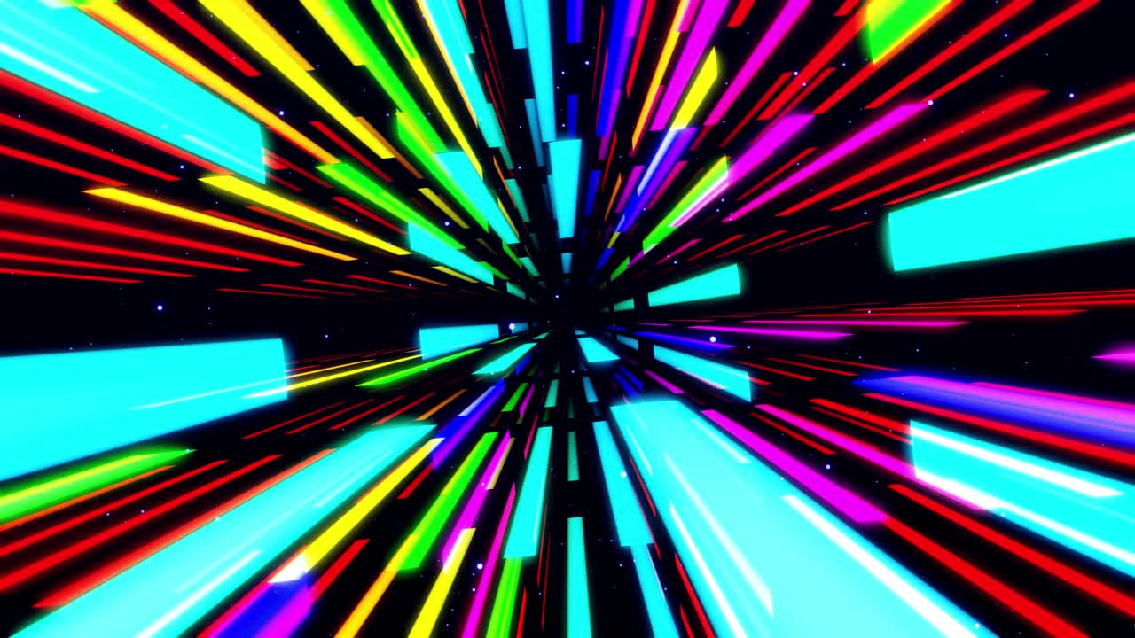 Glow rectangles, streaks and lines. Motion design vj loop. 3d structure. Motion graphic, camera fly throungh abstract art space, multilayer structure with pattern and particles. Rainbow gradient color