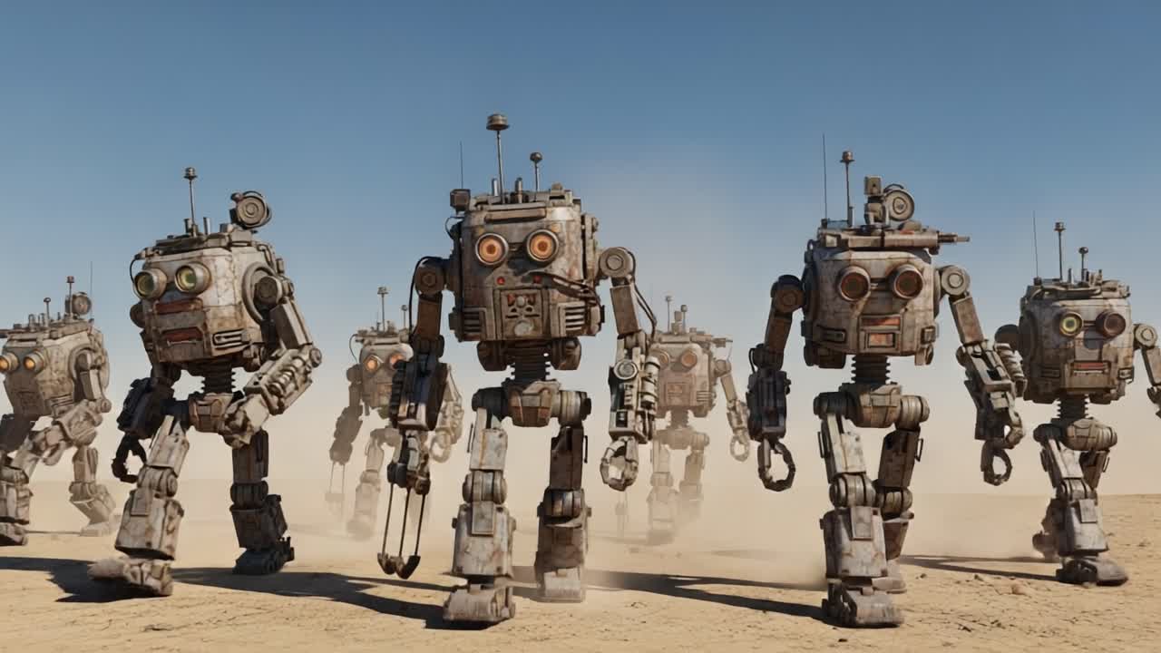A Lineup of Vintage Robots Walking Through a Dusty Desert Landscape, Showcasing Their Unique Designs and Mechanisms in a Futuristic Setting.