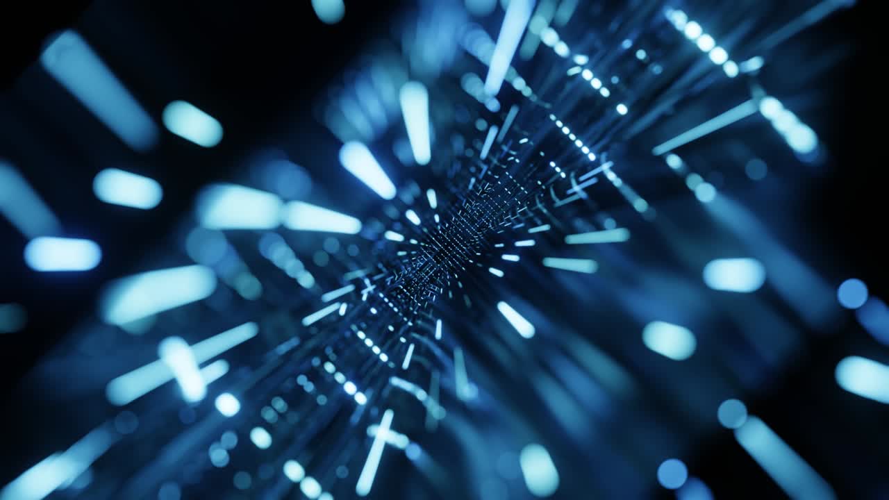 volare attraverso disegni a specchio formano tecnologia di tunnel cyberspace con bagliore al neon. volo di fantascienza attraverso la complessità del design. luce al neon. sfondo luminoso 3d a loop senza cuciture 4k.