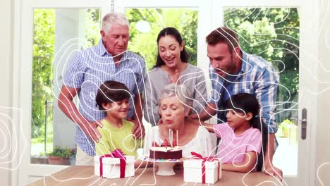 Animation-of-line-map-over-family-having-fun-at-birthday-party