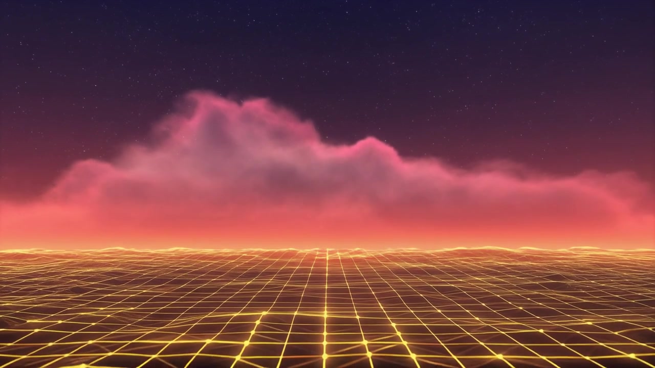 Parlayan Izgara ve Bulutlarla Retro Synthwave Tarzı Dijital Manzara