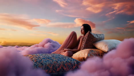 woman resting on pillows in a dreamy cloudscape at sunset