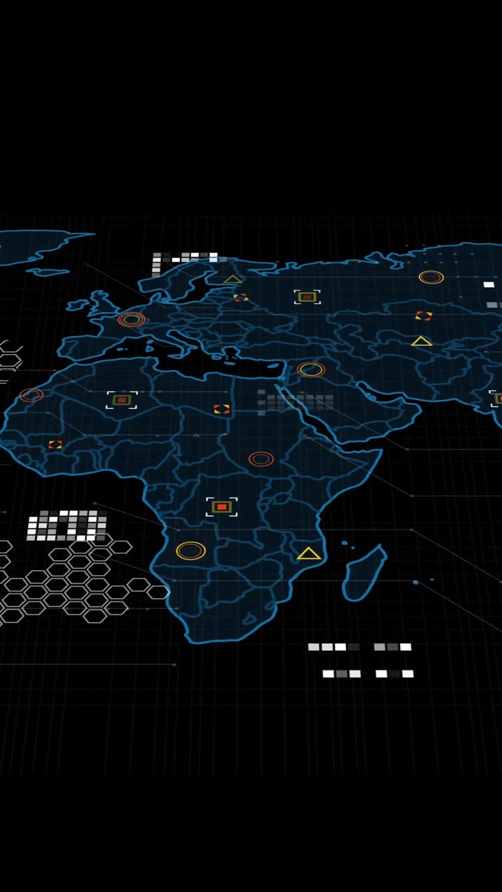 Showing animation of digital world map with data points on black background