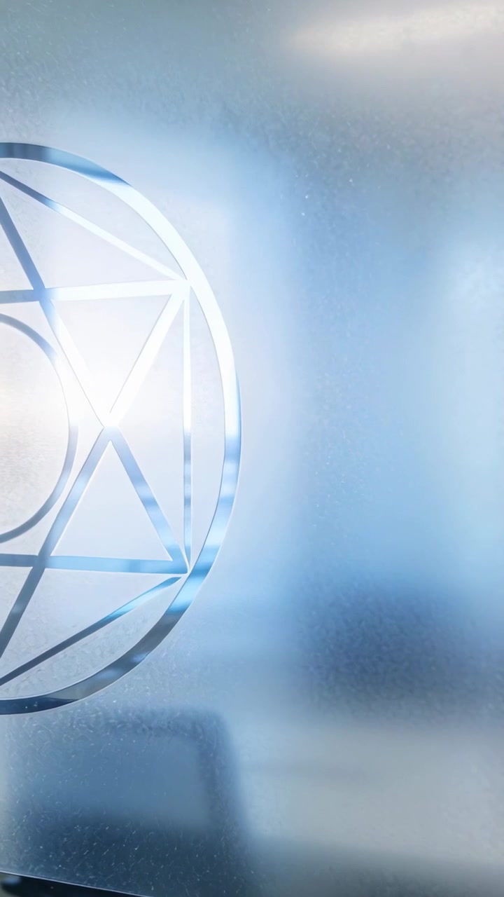 Vertical video: Panning shot showing globe logo on frosted glass in office for branding, copy space