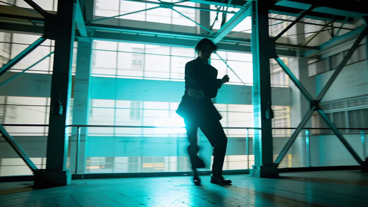 Cueing teal light, spinning male dancer wearing dark suit shoes, performing routine on raised stage