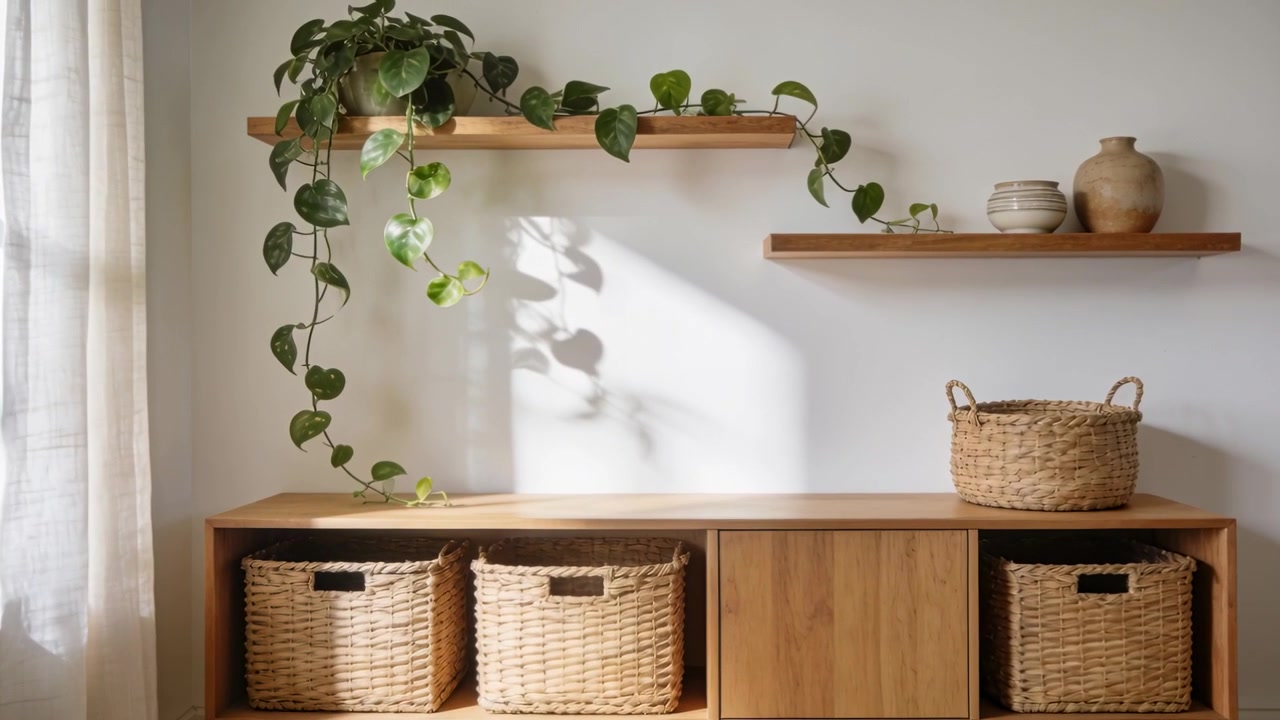 Shifting sunlight from window moving across wall at home, casting plant shadows over console
