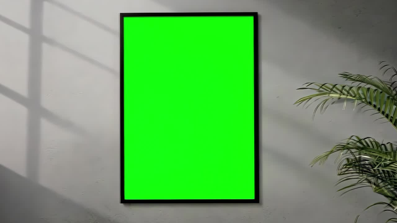 Minimalist mockup of a poster in a black frame, set against a gray wall with natural light