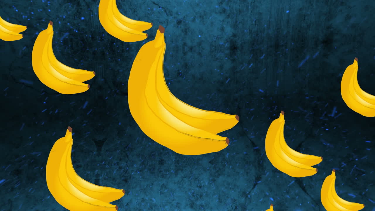 불꽃놀이와 함께 어두운 파란색 배경에 움직이는 바나나의 애니메이션