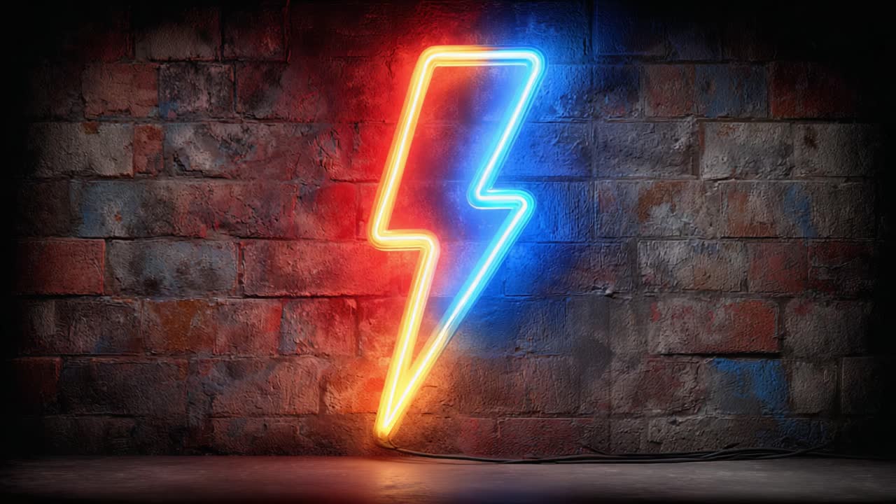 Vibrant Neon Lightning Bolt Against a Textured Brick Wall: A Stunning Visual Display of Color and Energy in Urban Art