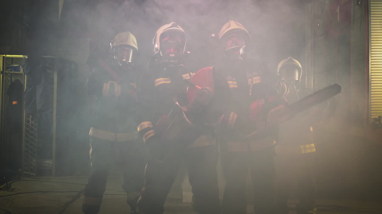 grupo de bomberos con equipo completo, máscaras de oxígeno y herramientas de rescate de emergencia, sierra circular hidráulica y de gas, hacha y martillo de trineo. humo y camiones de bomberos en el fondo.