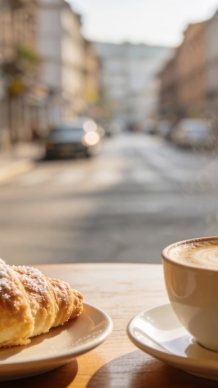 Vertical video: Sitting croissant and latte cup on sidewalk table while cars shifting during rush