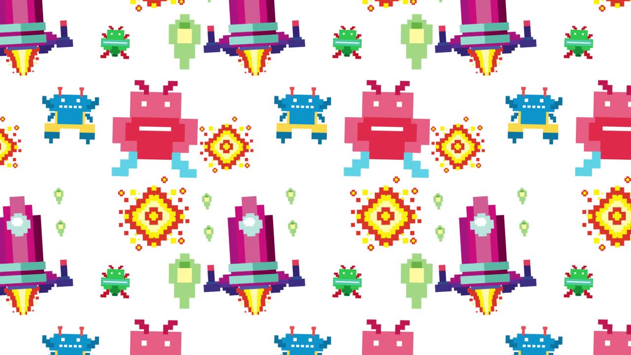Vibrant pixel art with rockets and aliens