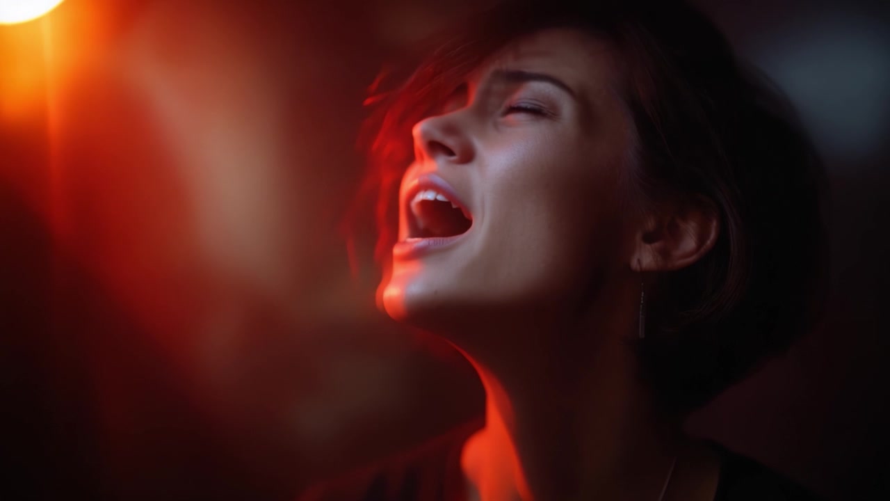 Esibizione carica di emozione di una giovane donna che canta con passione sotto un'illuminazione drammatica, catturata in una sequenza di due fotogrammi di intensità e maestria artistica.