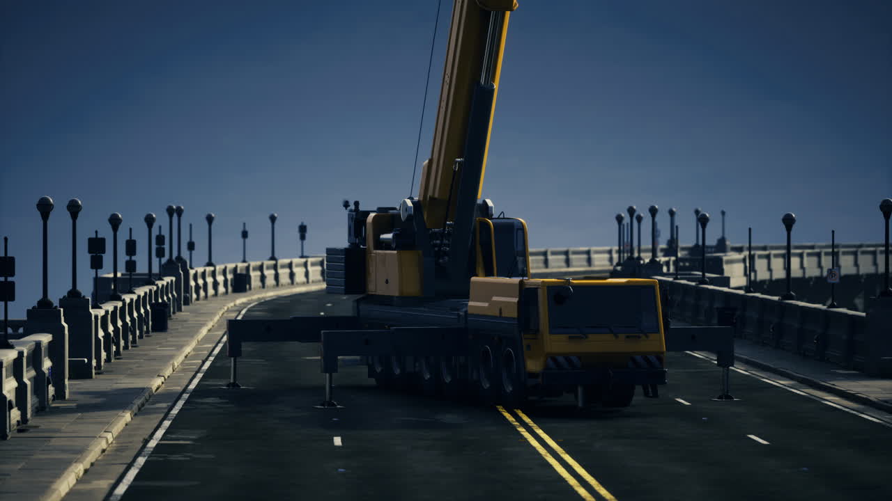 Heavy lifting machinery working on a bridge under a cloudy sky