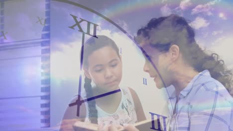 animation of a caucasian woman and her daughter reading a book together at home over a clock moving