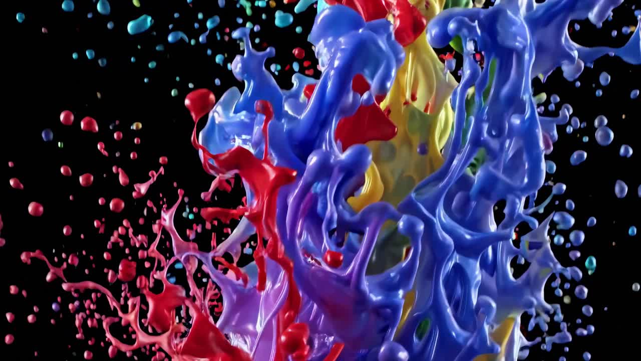 Schizzi vibranti di vernice rossa, blu e gialla catturati a mezz'aria su uno sfondo nero.