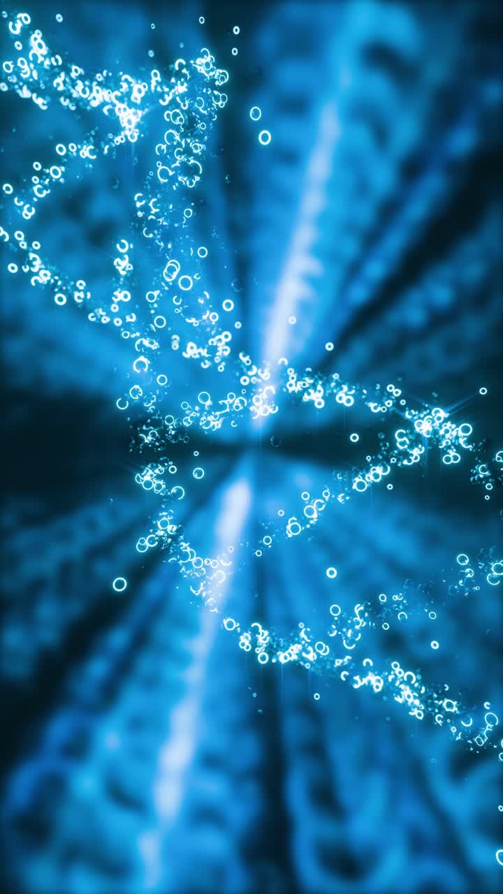 Neon glowing color DNA floating from gene against dark background, 3d animation zoom in