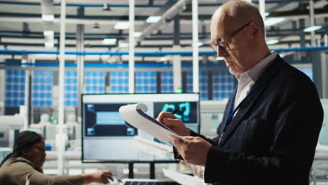 portrait of smiling industrial plant shareholder conducting research