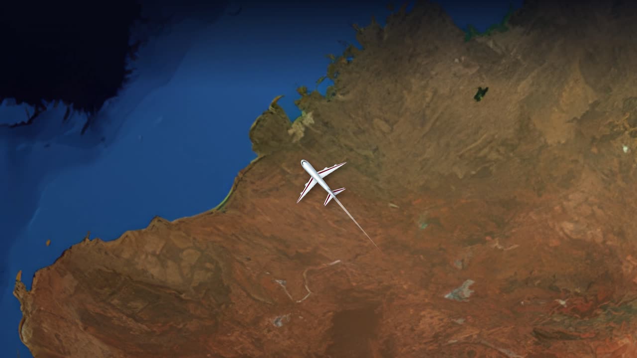 Satellite view animation follows a commercial airplane flying from Melbourne to London across Earth