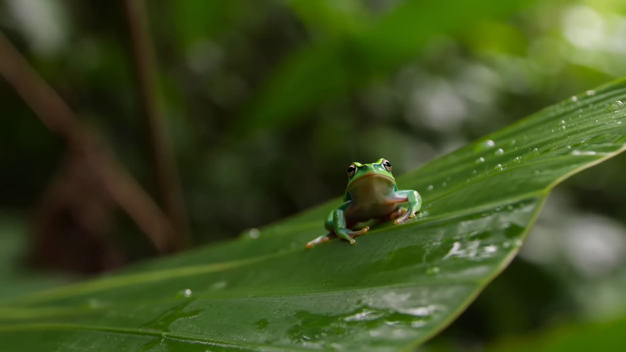 Tiny Green Frog Perched On Leaf, Rain Droplets Glistening, Shallow Depth Of Field, Rainforest Understory