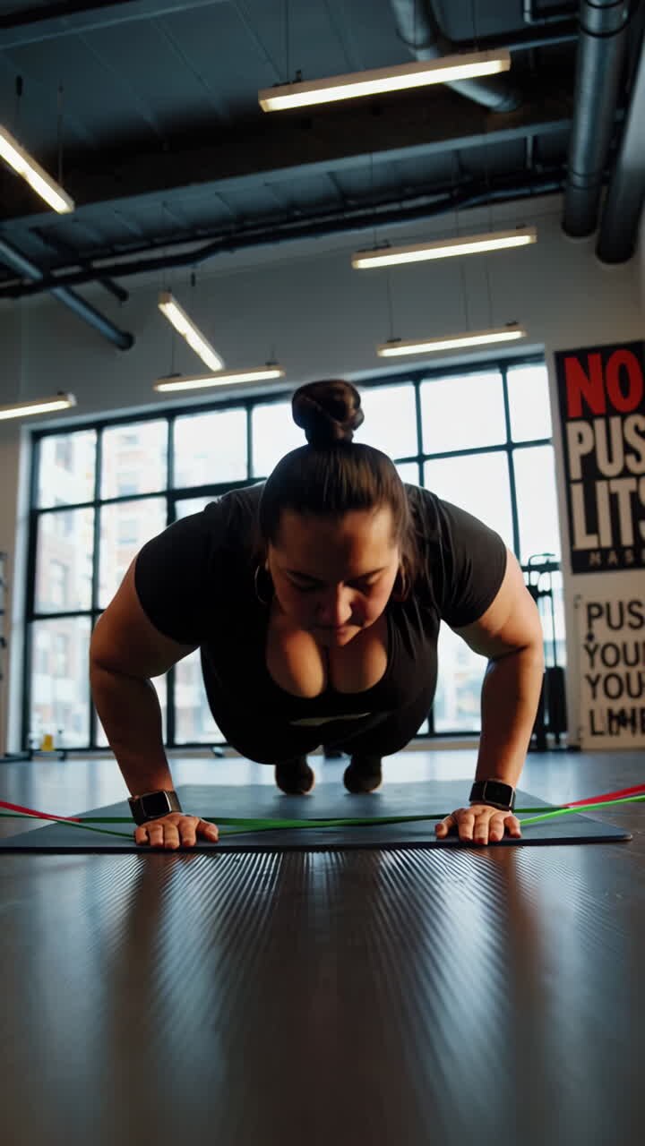 Plus-Size Woman Doing Push-ups with Resistance Bands in a Gym