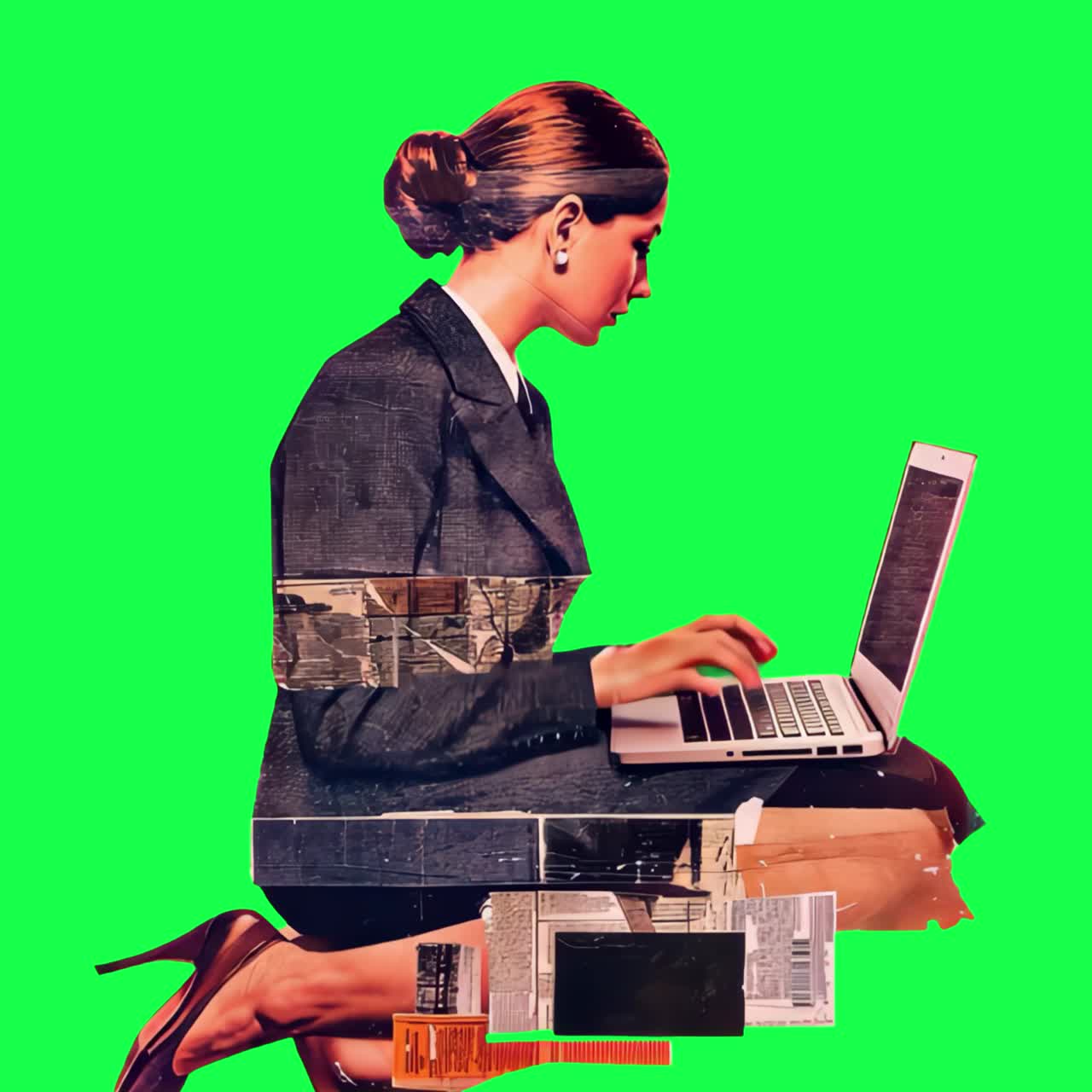 Collage businesswoman laptop green animation, transparent 4K video, green screen