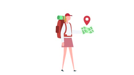flat cartoon colorful woman character animation. girl walk cycle with map gps navigation pin situation