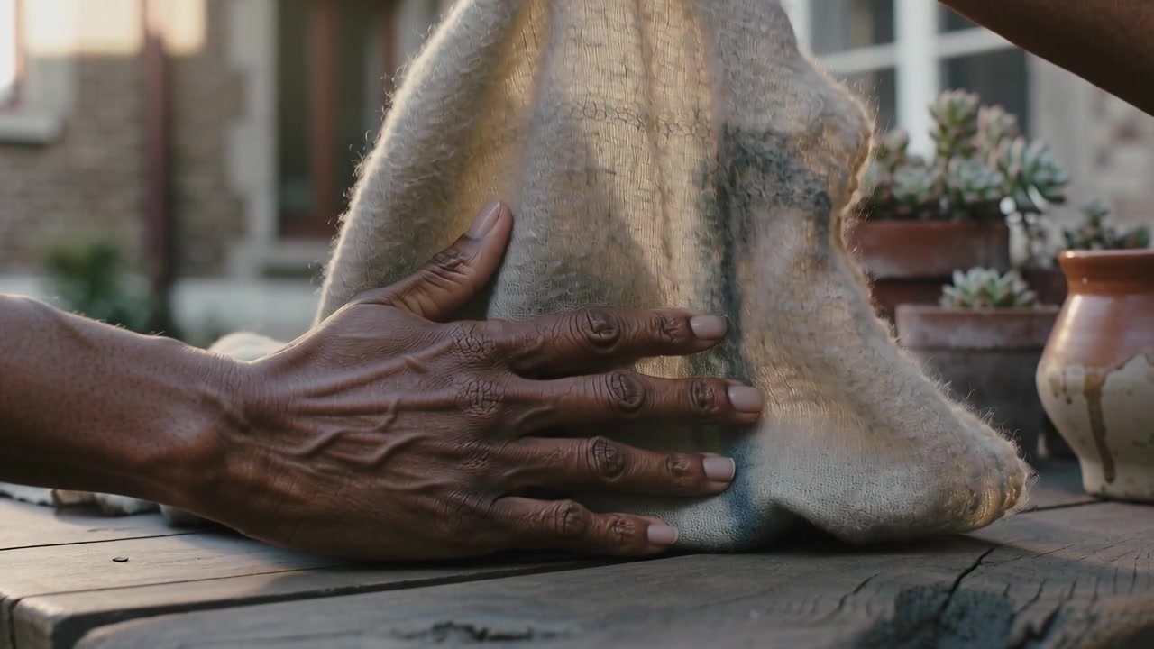 Pulling right-hand lifting wool scarf while left-hand smoothing on cracked table