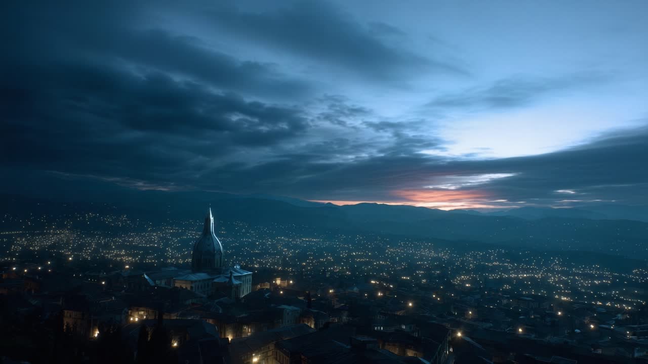 Bylights gløder under en dramatisk tusmørkehimmel. Skyer hvirvler, mens solen går ned bag fjerne bakker. Tårnet står højt, silhuetteret mod det falmende lys. Perfekt til byrejser, arkitektur.
