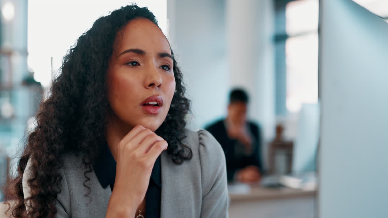 Headache, computer and tired with woman in office