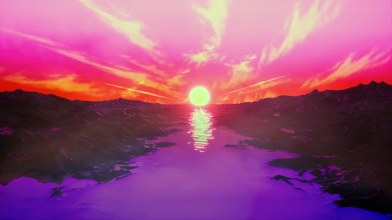Retro 1980S Animation With Rocks, River, Sun And Cyberpunk Pink