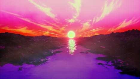 retro 1980s animation with rocks, river, sun and cyberpunk pink