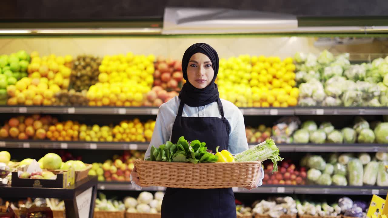retrato de una mujer en hijab de pie con una cesta de verduras y verduras frescas en el supermercado