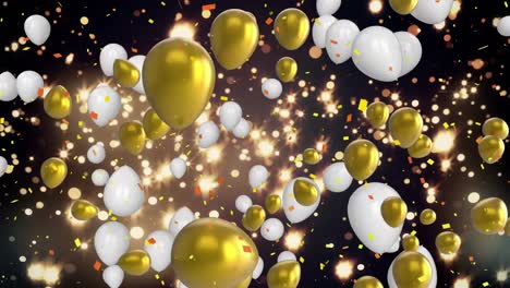 animation of confetti falling and gold and white balloons flying on black background