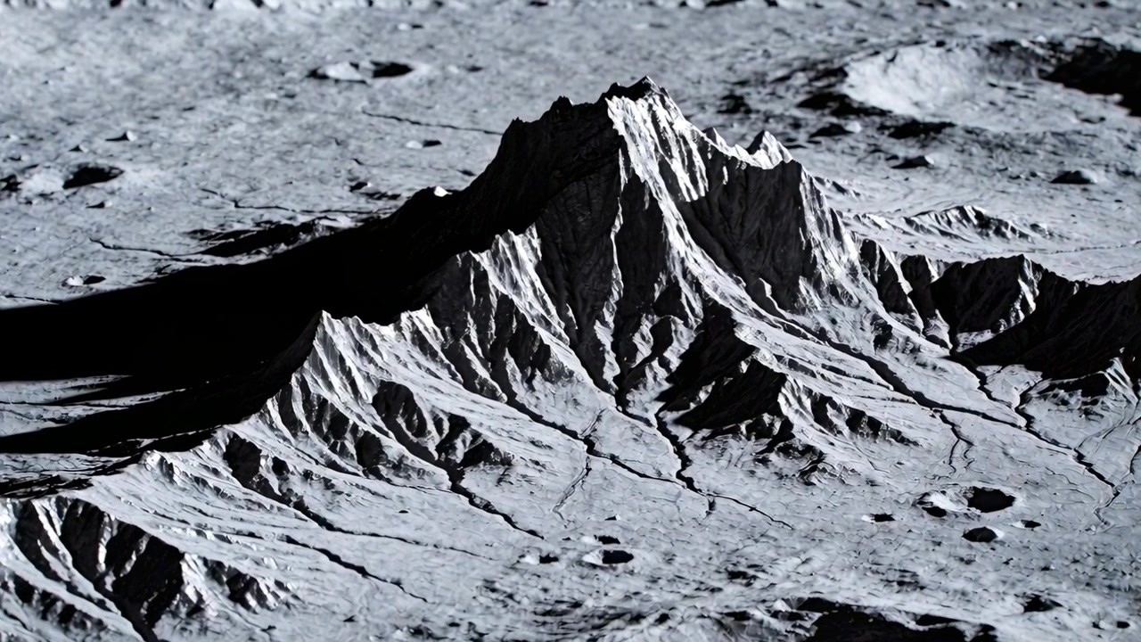 La telecamera si avvicina lentamente mostrando una cima frastagliata, regolite erosa e fosse su una pianura lunare per i dettagli.