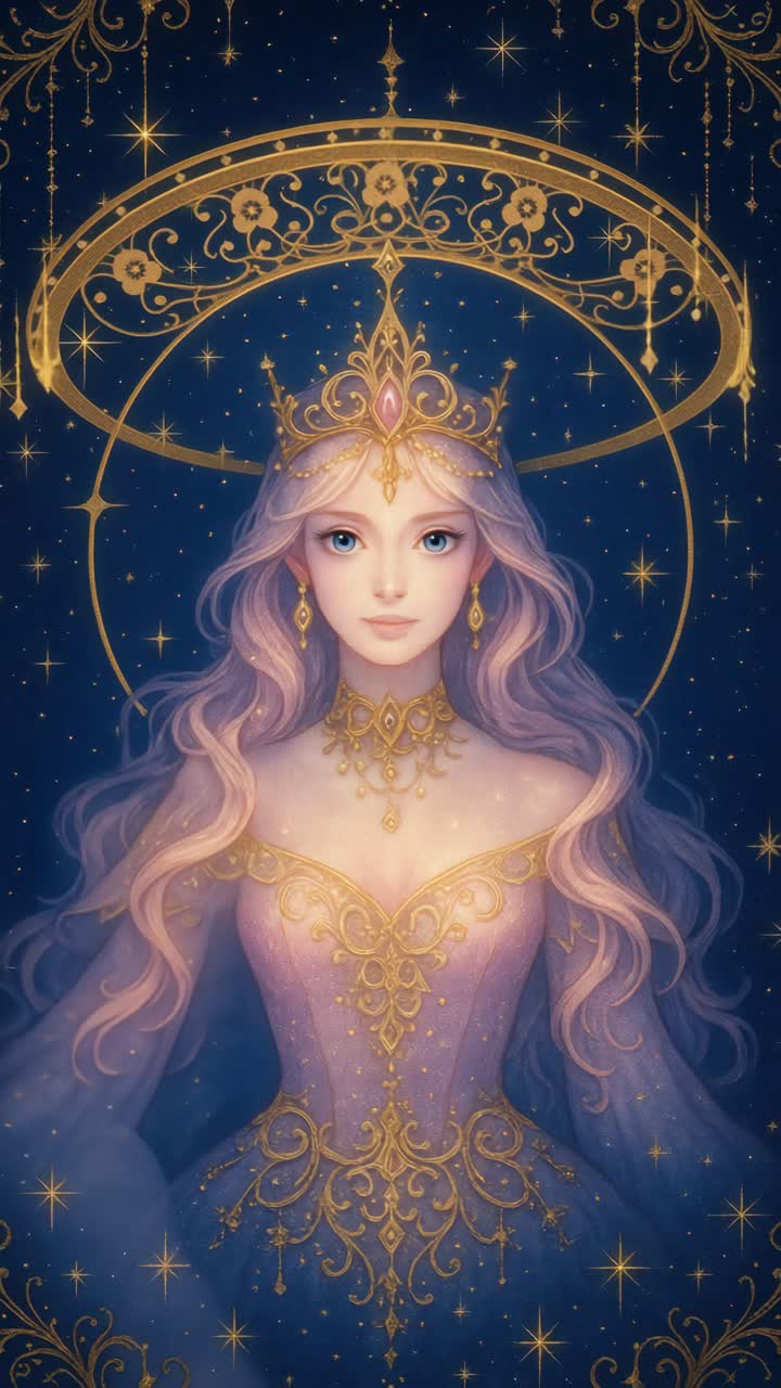 Ritratto fantasy etereo di una donna incoronata con capelli fluenti, circondata da elementi celesti dorati