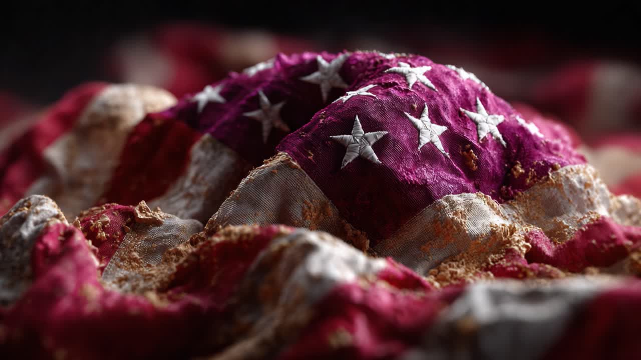 A Close-Up of an American Flag in Distress, Showcasing Its Worn Fabric, Creased Texture, and Faded Colors, Evoking Sentiments of Patriotism and Memory