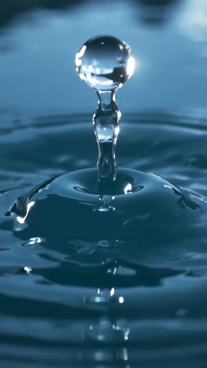 Vertikales Video: Fallender Wassertropfen bildet eine Rückprallsäule in einem Studiotank, angetrieben durch Oberflächenspannung.
