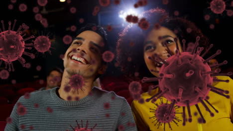 animación de células de covid 19 sobre personas en el cine