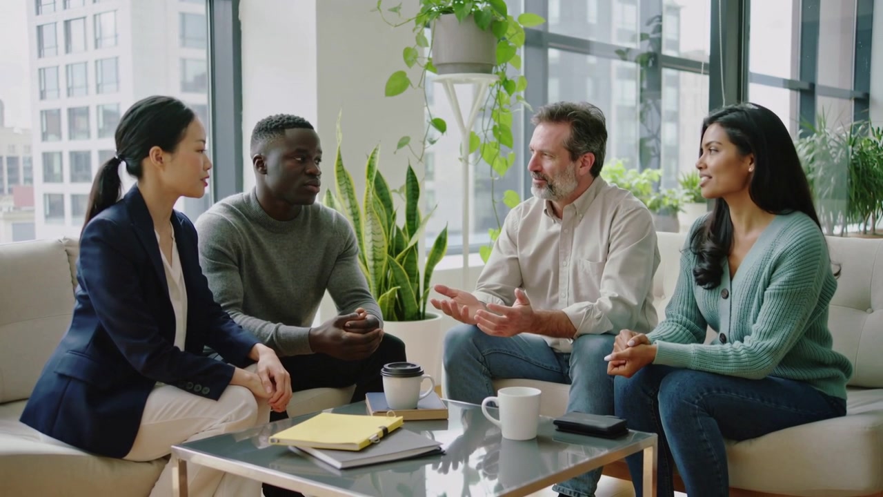 Responding to prompt man in gray sweater gesturing for feedback in office lounge at glass table