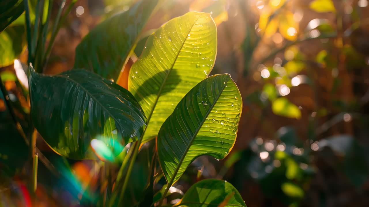 Lush Green Leaves with Water Droplets in Sunlight