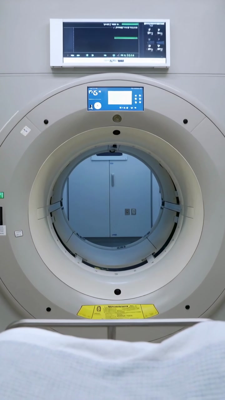 Vertical video: Moving table pulling gowned patient into CT gantry at hospital as scan starts