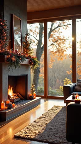 cozy christmas living room with fireplace and autumn view