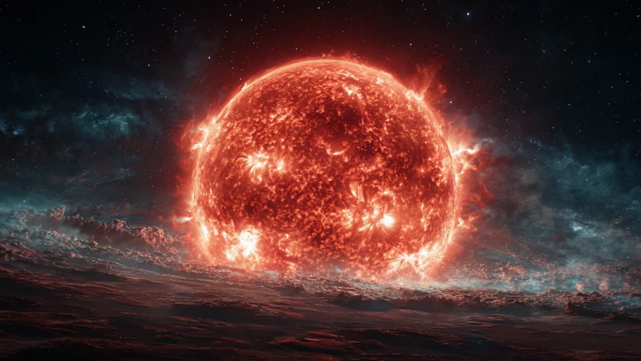An Awe-Inspiring View of a Fiery Sun Casting Brilliant Heat and Light Over a Cosmic Landscape, Highlighting the Beauty of Stellar Phenomena in Space