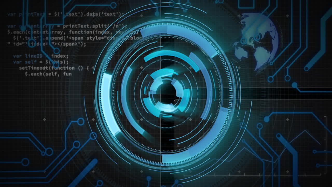 Futuristic digital interface with rotating blue circles and coding animation
