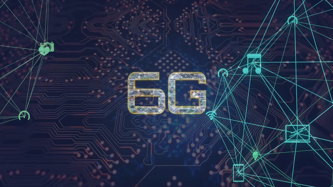 Animation of 6g text connections over computer circuit board