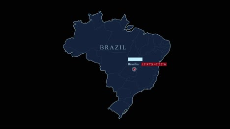 Stylized-Brazil-map-with-capital-city-and-geographic-coordinates-on-black-background