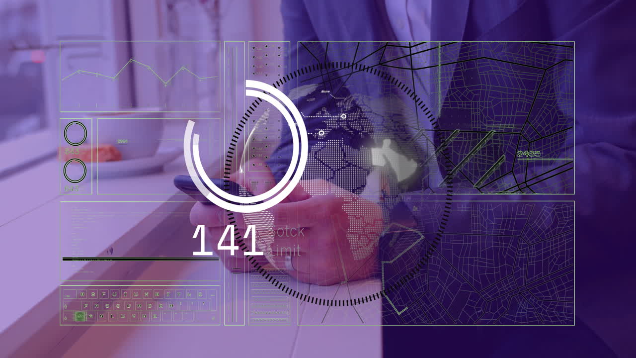 con teléfono inteligente, hombre de negocios con procesamiento de datos animación sobre el mapa del mundo
